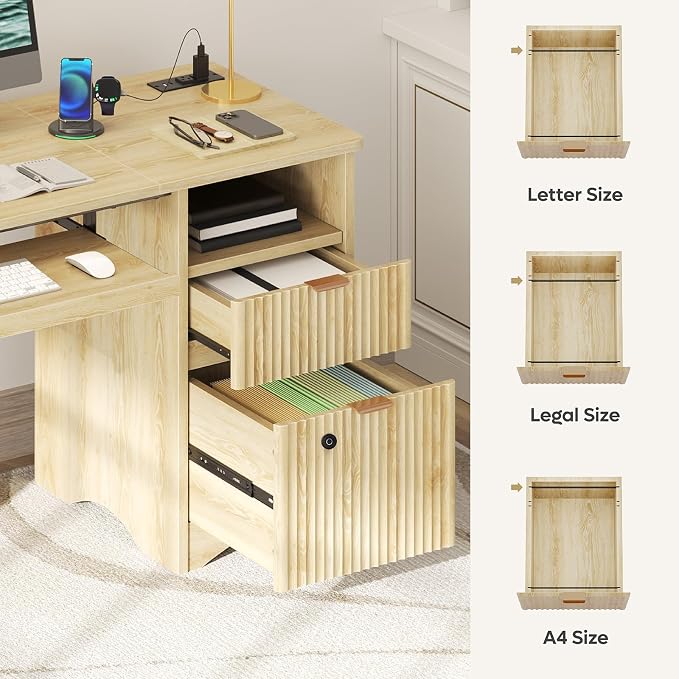Bestier 55" Desk with Fingerprint Lock & Charging, Keyboard Tray, Oak | Partitioned Storage & Cable Management,Oak,Easy Assembly,Fingerprint Drawer Lock,Wear-Resistant Easy-Clean Desktop & Drawers
