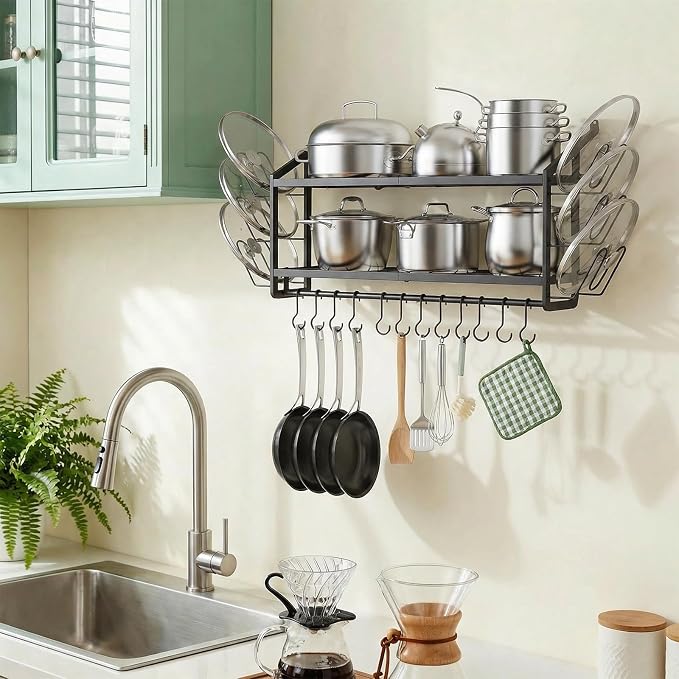 30"Pot Rack Wall Mounted with 6 Pot Lid Holders,12 Hooks for Hanging Pans | 2 tier black heavy duty metal shelves for pots and pans organizer,200lbs capcity, space saving for apartment, neat countertop