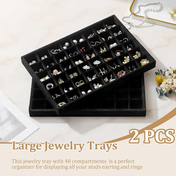 Large Jewelry Organizer for Drawer Insert Velvet Stackable Jewelry Trays for Earring Necklace Bracelet Ring Display (Black, 24 Grids)