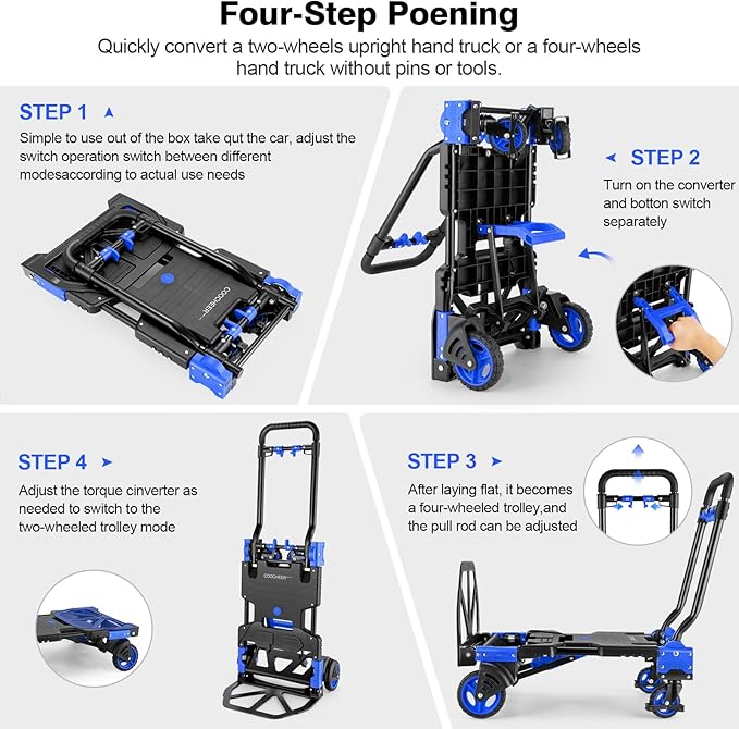 330LB Folding Hand Truck Heavy Duty Carrying, Combination of Four Wheels and Two Wheels Convertible Dolly Cart with Retractable Handle Dolly for Moving Office Carts(Blue)