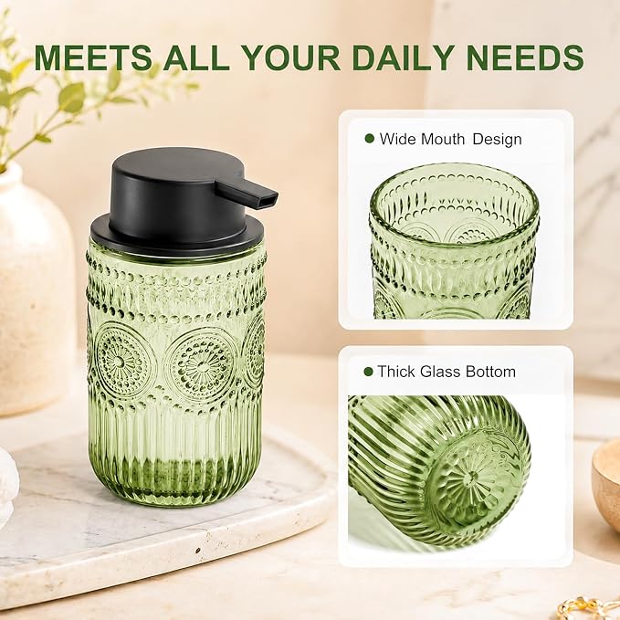 Glass Foaming Hand Soap Dispenser, Kitchen Foaming Dish Soap Dispenser | 13.8 oz Refillable Foam Soap Dispenser with Black Pump for Home Decor Set of 2