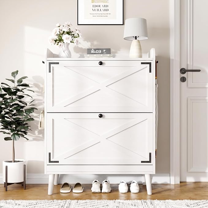 Shoe Storage Cabinet with 2 Flip Drawers & Adjustable Shelves, Freestanding Shoe Cabinet with Side Hooks Narrow Shoe Rack Cabinet for Entryway, Hallway, Rustic White