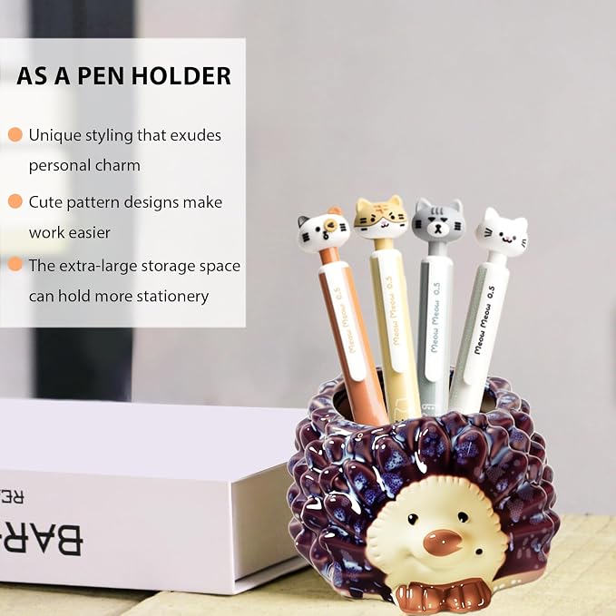 Ceramic Hedgehog Shaped Pen Pencil Holder for Desk Decoration Accessories Hedgehog Decor Makeup Brush Pen Cups Succulent Plant Pot Office School Ideal Gifts for Women, Mom or Birthdays