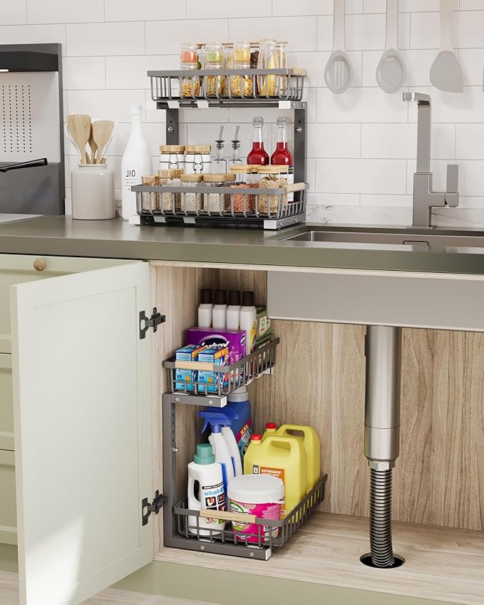 Under Sink Organizer Storage for Families: Pull Out Storage Undersink Organizers Drawer Cabinet - Sliding 2 Tier Rack Metal Organization Under Counter Kitchen Bathroom for Homemakers(Gray,1 Pack)