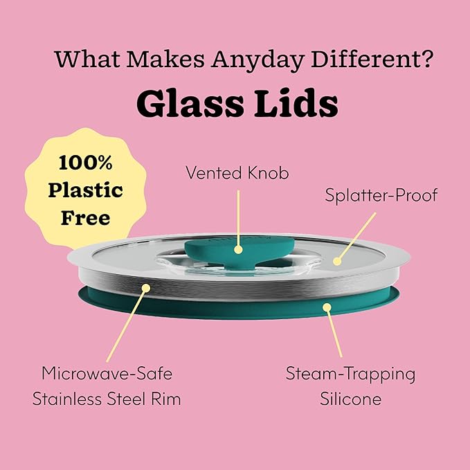 Anyday 4-Cup Microwave Cookware & Glass Container with Glass Lid, Plastic-Free Shallow Food Storage | Stackable Airtight Steamer with Vented Lid for Microwave-Safe Reheating, Steaming Vegetables
