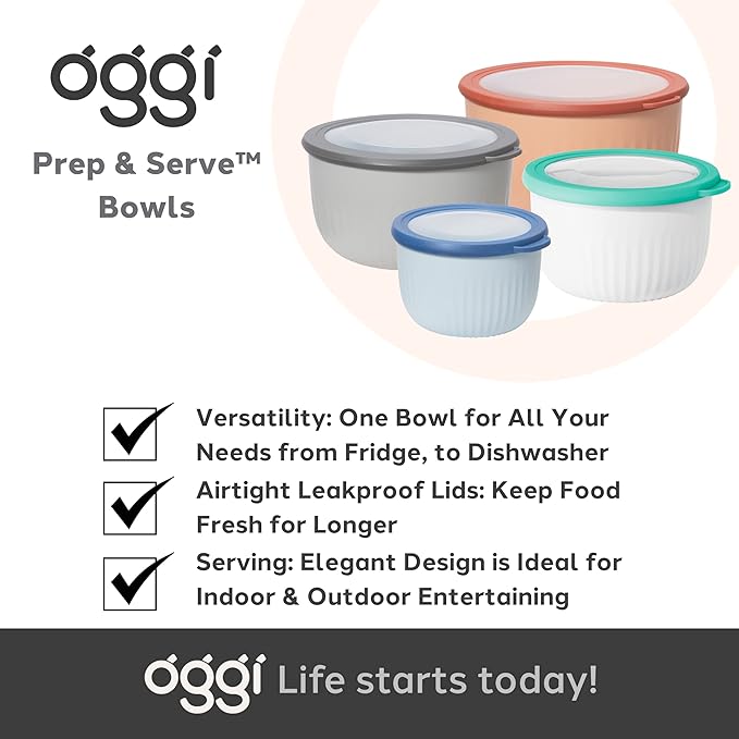 Oggi Prep, Store & Serve Plastic Bowl w/See-Thru Lid- Dishwasher, Microwave & Freezer Safe, (1.4 qt) Blue w/Dk Blue Lid