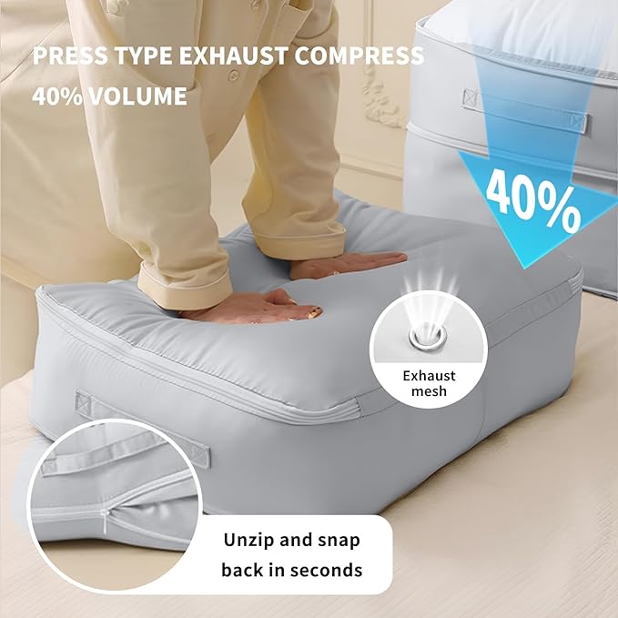 Upgraded Ultra Space Saving Self Compression Organizer Bag - Premium Large Capacity Storage Cube for Comforters, Bedding, Blankets & Clothes (2-Pack, Light Grey, 11 * 6.3 * 1.2inches)
