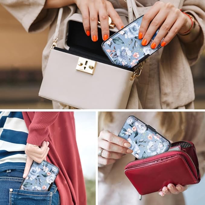 Coco Rossi Credit Card Holder RFID Aluminum Small Mini Wallet Women | Metal Wallet, Business Cards Holder, ID Case, Slim Sleeves, Womens Girls Gift, Carry Proof Wallets for Travel, Blue Flower