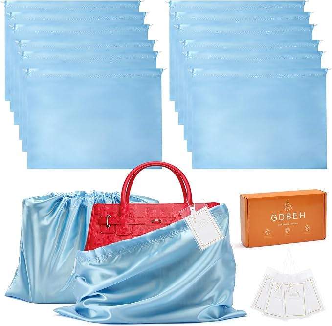 12 Pack Dust Bags for Handbags Travel Storage Pouch Silk Cloth Bag | Drawstring Large Storage Pouch for Handbag Purse Shoes Boots, Blue 23.6 x 19.6in Inch