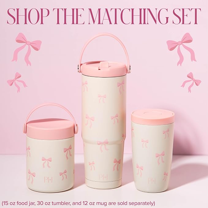 Paris Hilton Double Wall Stainless Steel Food Jar, Vacuum Insulated Leakproof Thermal Lunch Container with Printed Pink Bow Design, Keeps Food Hot or Cold for Hours, 15-Ounce, Marshmallow Dreams White