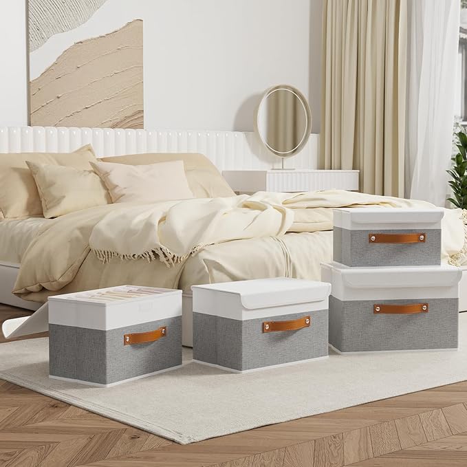 OUTBROS Storage Box with Lid Large, Linen Fabric Wardrobe Containers, Collapsible Organiser For Towels, Clothes, 17.7 x 11.8 x 11.8 inch (White/Grey, 5-Pack)