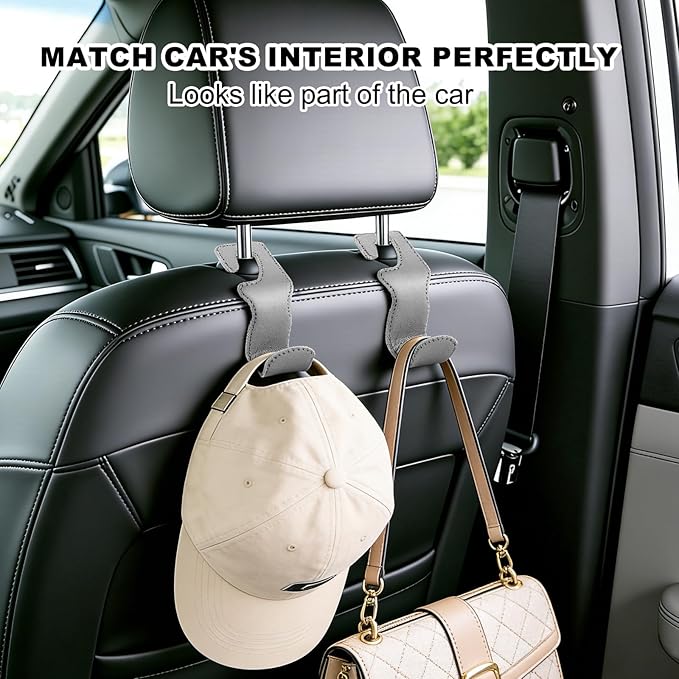EldHus Car Seat Hooks for Purses and Bags, 4 Pack Car Purse Holder for Grocery Bag Handbag Clothes, Metal Headrest Hooks Covered by Leather, Gray