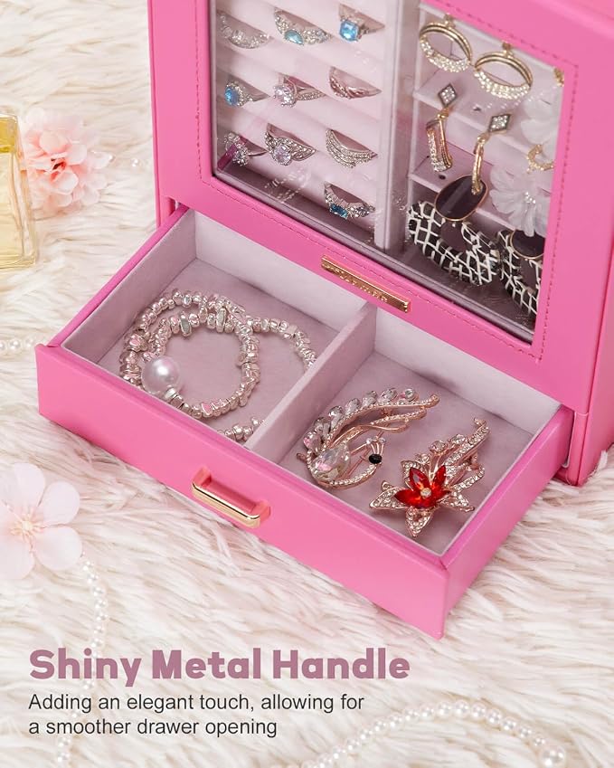 Homde Display Jewelry Box for Girls: Starter Organizer with Clear Window | Vertical Drawers for Earrings Rings Necklaces - Compact Footprint Fits Small Vanities - Birthday&Graduation Gift for Teens