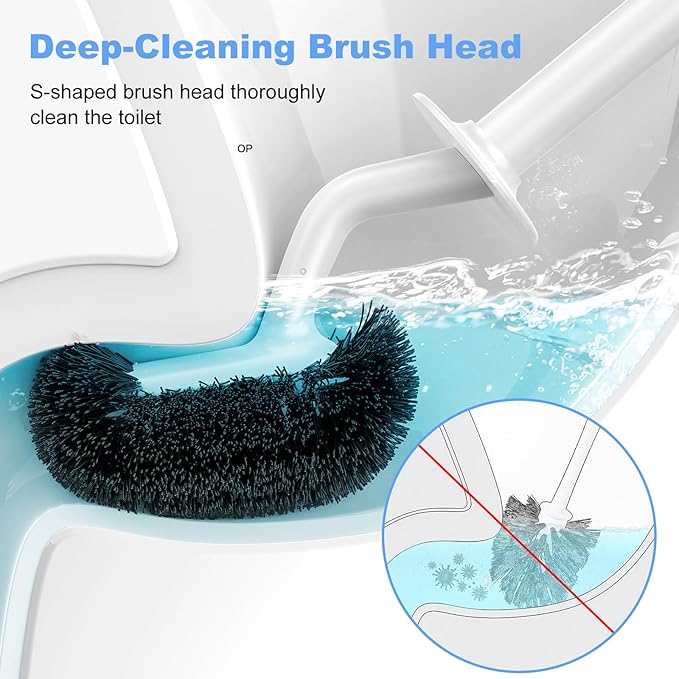 HAMITOR Toilet Bowl Brush Holder Set: Curved Design with Holder for Deep Cleaning Under Rim - Compact Hidden Scrubber for Small Space - Modern RV Bathroom Accessories - White 1 Pack
