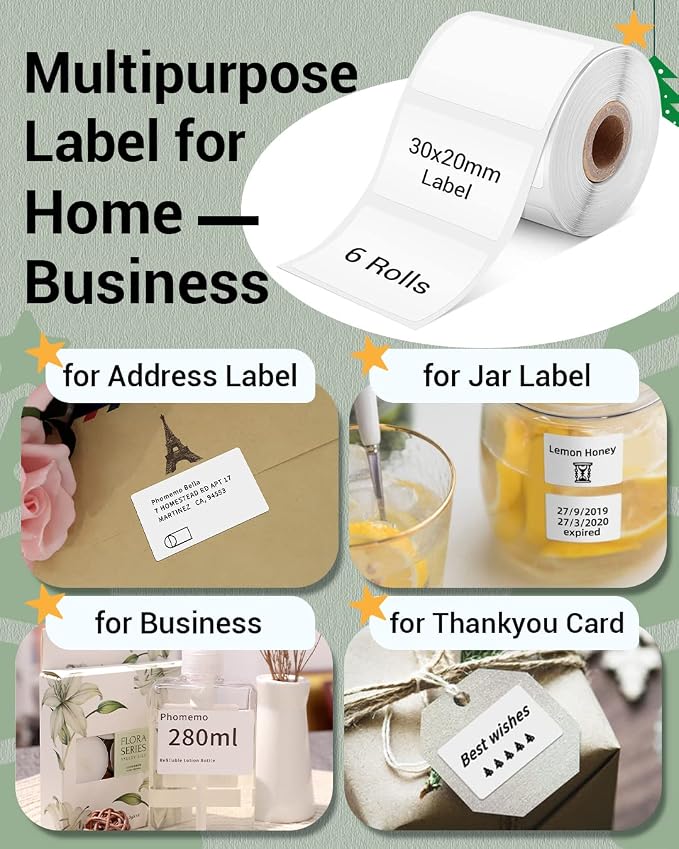 Phomemo Sticker Labels 1.18" x 0.79" (30x20mm) 6 Rolls, for M110/M110S/M120/M200/M220 Printer - Black on White, for Small Business, Home, Office, Total of 1800 PCS