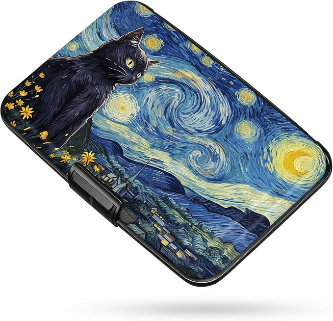 Credit Card Holder RFID Aluminum card case Starry Sky Cat mini Wallet Women | ABS Business ID Case,Hard Case Large Capacity 6 Slots, Waterproof Durable ，Secure Closure Slim Small Credit Card Protector