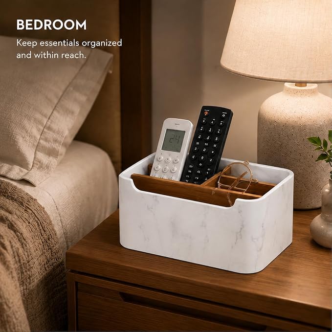 Remote Control Holder, Desk Organizer with Removable Dividers,White | 5-compartment resin and wood organizer holds remotes, pens, glasses, and media devices for desk, coffee table, or nightstand.