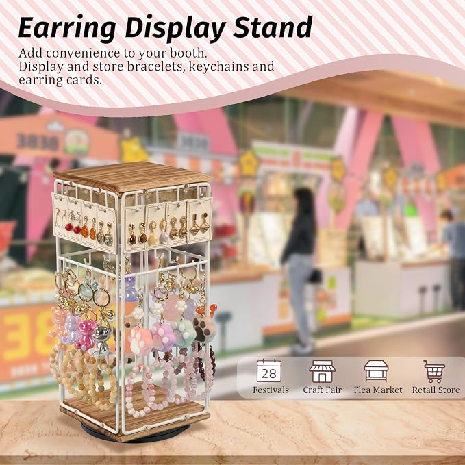 360 Rotating Earring Display Stands for Selling, Earring Rack Display Holder Stand, Jewelry Display for Vendors Selling Earring Cards, Necklaces, Bracelets, Hair Accessories (48 Hooks)