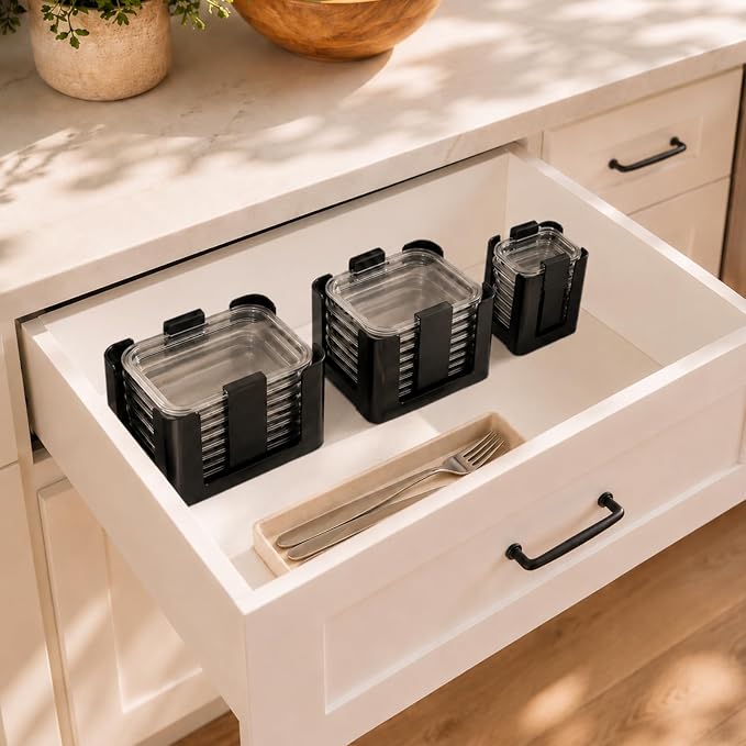 Food Container Lid Organizer for Rubbermaid Brilliance nap-on lids, 3-Pack Black, Kitchen Cabinet Drawer & Pantry Storage