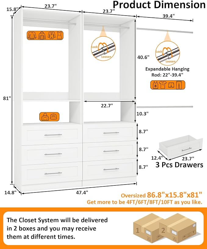 Closet System with Wooden Drawers, 4FT Closet Organize System with Drawers & Hanging Rods &for Walk in Closets, 2PCS*24" Freestanding Closet System, White(4FT)