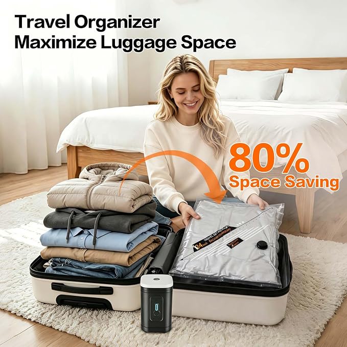 Rechargeable Wireless Pump Travel Storage Bags Set - 20 Pack Portable Space Saver Bags for Travel & Home - Vacuum Compression Packing Seal for Clothes, Blankets, Seasonal Storage