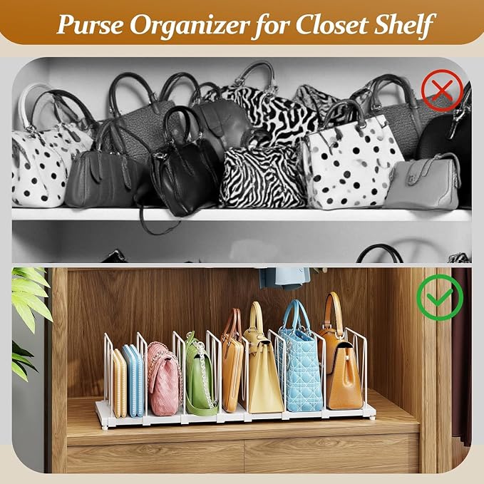 Dmevkic Extendable Purse Organizers Purse Storage. Length 15-27inch. Bag Organizer Purse Holder for Closet with 8 Adjustable Shelf Dividers（White）