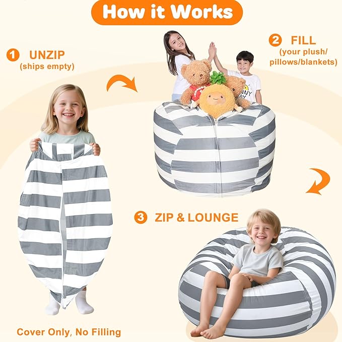 Lukeight Stuffed Animals Storage Bean Bag Chair Cover Only (Ships Empty, No Filling) - Velvet YKK Zipper Beanbag Cover for Toddlers and Kids, Washable Plush Toy Organizer, Large 27" D x 16" H