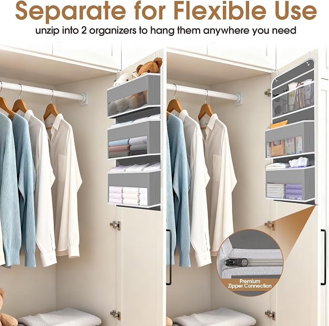 WISELIFE 6-Tier Over The Door Organizer Storage Detachable Design Door Hanging Storage Organizer with Clear Window Behind The Door Storage for Nursery Bedroom Bathroom Pantry Closet Grey
