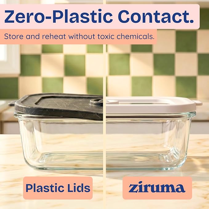 Non-Toxic Glass Food Containers with Lids, 2-Pack, 50 oz, Airtight, Gray | Plastic & BPA free. Glass body, glass lid & platinum silicone seal. Airtight & leakproof. Freezer & microwave safe.