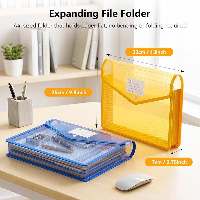 6 Pack Plastic Expanding File Folder, Colorful File Folder Organizer | Folders for Documents with Snap Closure, Transparent Accordion File Pouch, No Dividers, Large Capacity, Fit Letter/A4 Size