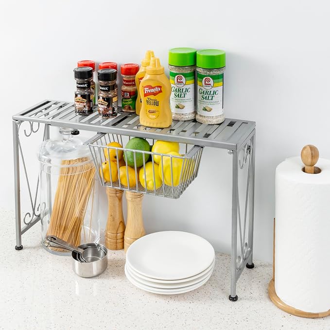 MyGift Silver Metal Over The Sink Organizer Shelf with Pull Out Drawer, Expandable Kitchen Caddy Rack, Bathroom Storage Shelf Riser with Scrollwork Design