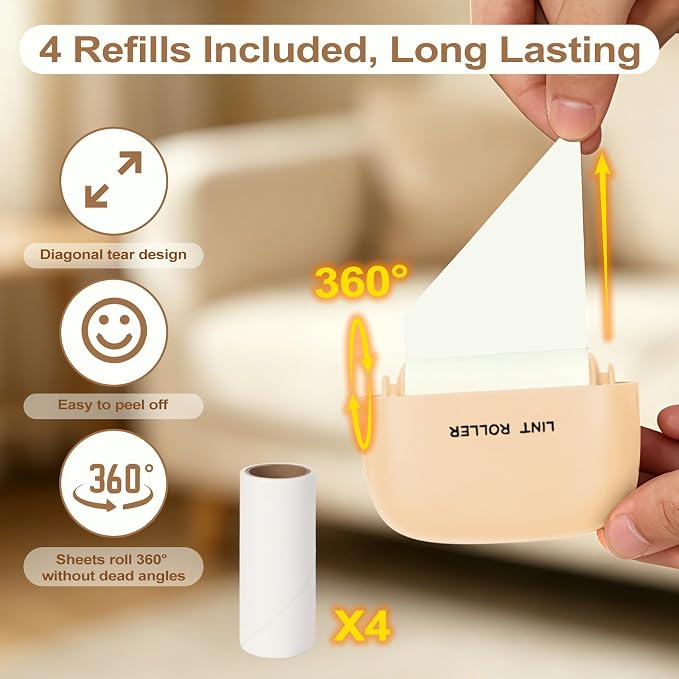 Disposable Mini Lint Roller with 4 Refills, CreamyYellow | Portable, Easy Tear Residue-Free, Pocket-Sized for Travel Clothes, Furniture, Carpets, Pet Hair Remover, Fits in Wallet Bag