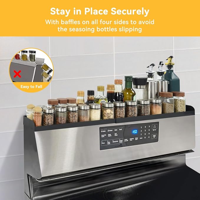 OTraki Magnetic Stove Top Shelf Spice Rack for Stove Adjustable 16-32 inch Stainless Steel Over the Stove Shelf Magnetic Rack Seasoning Organizer with 4 Hook Black | Stainless Steel Over the Stove Shelf Magnetic Rack Seasoning Organizer with 4 Hook Black