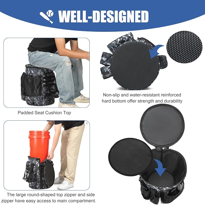Baseball Bucket Bag 6 Gallon Multi Pockets Softball Coaching Equipment Bag | tactical Baseball Bucket Cover Organizer with padded Seat for Balls, Bat, Gloves, Scoreboards