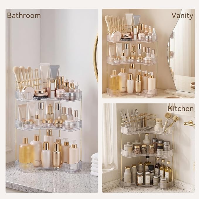 3-Tier Corner Bathroom Counter Organizer with Makeup Brush Holder, Clear | Large Makeup Organizers for Vanity, Corner Bathroom Countertop Organizer for Cosmetic Perfume Skincare Storage