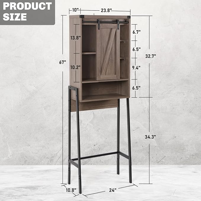 Over Toilet Storage Cabinet with Barn Door & Adjustable Shelves | 24 Inch Wide Bathroom Organizer, Space-Saving, Sturdy Wood, Anti-Tipping, Easy Assembly, for Restroom, Laundry, Small Spaces