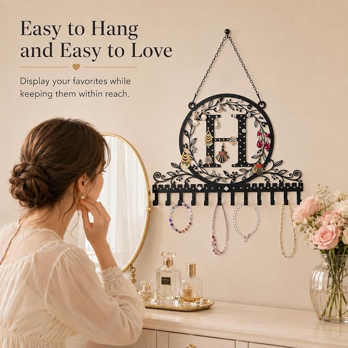 Wall-Mounted Metal Earring Holder Hanging Jewelry Organizer for Earrings and Necklaces Space-Saving Wall Display with Hooks for Jewelry Storage (jewelry stand H)
