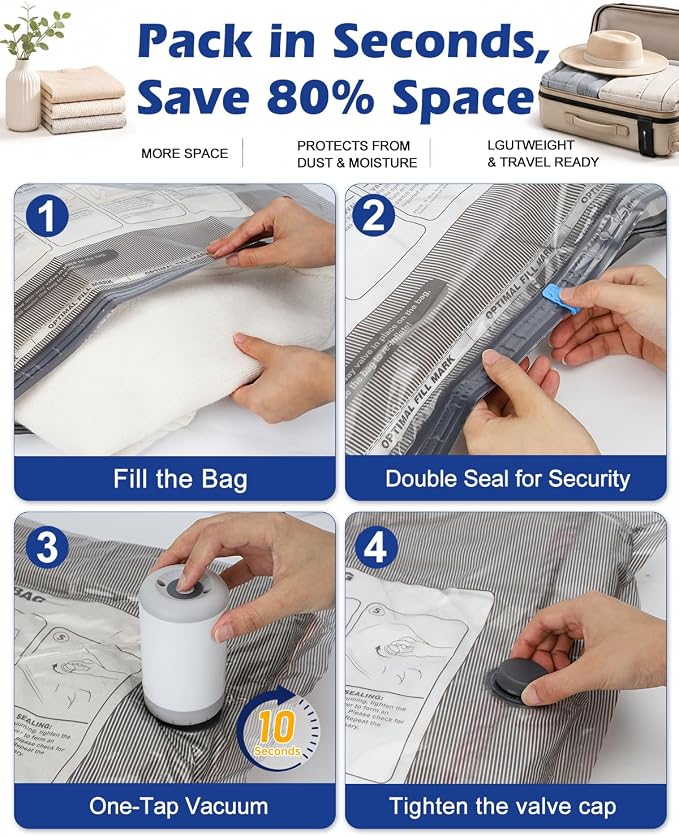Fantictas Vacuum Seal Bags for Clothing with Rechargeable Air Pump, 12 Pack | Portable Space Saver Bags, Compression Bags for Clothing, Bedding, Seasonal Storage & Packing Bags for Moving, Small