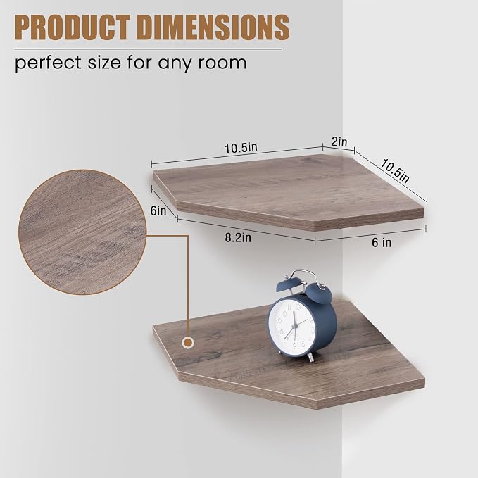 Fun Memories Corner Shelf Wall Mount, Corner Floating Shelves, Set of 4 Corner Wall Shelf Organizer, Rustic Wood Wall Storage Display Shelves for Living Room Bedroom Bathroom Kitchen, Rustic Grey