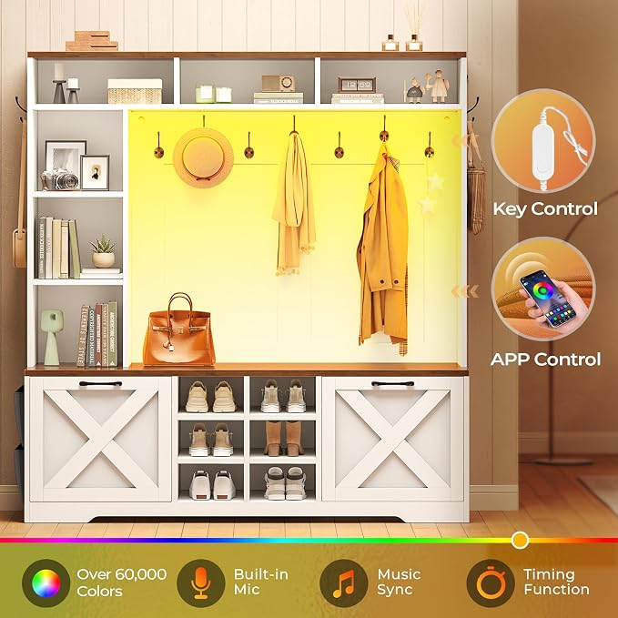 Itaar Hall Tree with Bench and Shoe Storage, 59.1" Farmhouse Entryway Bench with Coat Rack, Shoe Cabinet with Flip Drawers, 12 Shelves, 9 Coat Hooks, Storage Bag, Led Lights, White