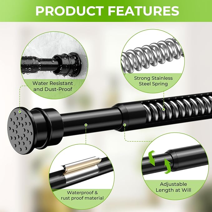 2 Pack No Drill Tension Curtain Rods 28 to 41 Inch Black Small Curtain Rod Adjustable No Drilling for Window,Kitchen,Closet,Doorway,Bedroom