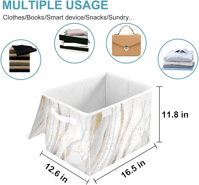 CaTaKu Large Fabric Storage Bins With Lids, Gold White Marble Storage Boxes With Handles for Organizing Clothes, Collapsible Storage Cube Bins Baskets for Shelves
