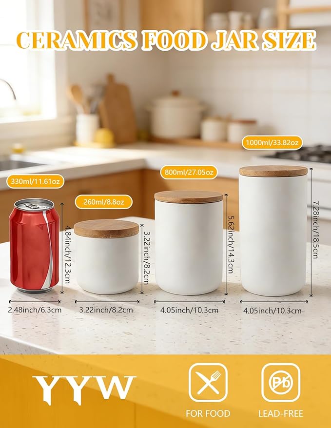 YYW Ceramics Food Storage Jar Canister with Airtight Seal Bamboo Lid, Simple Style Kitchen Canister for Food Storage, Store Coffee, Sugar, Tea, Spices and More (White (33.81oz/1000ml))