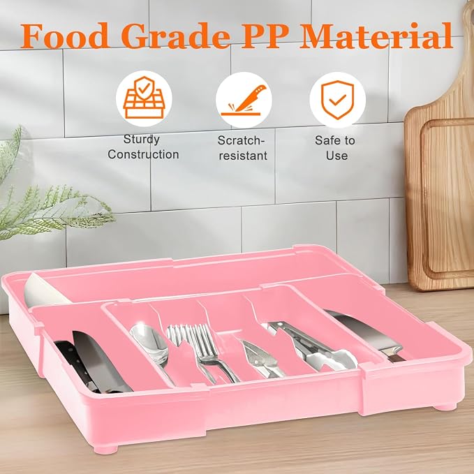 Spaclear Silverware Organizer - Expandable Silverware Drawer Organizer, Adjustable Drawer Organizer, Silverware Tray for Drawer 15.2"x 19" Utensil Drawer Organizer, Kitchen Organizers Storage, Pink