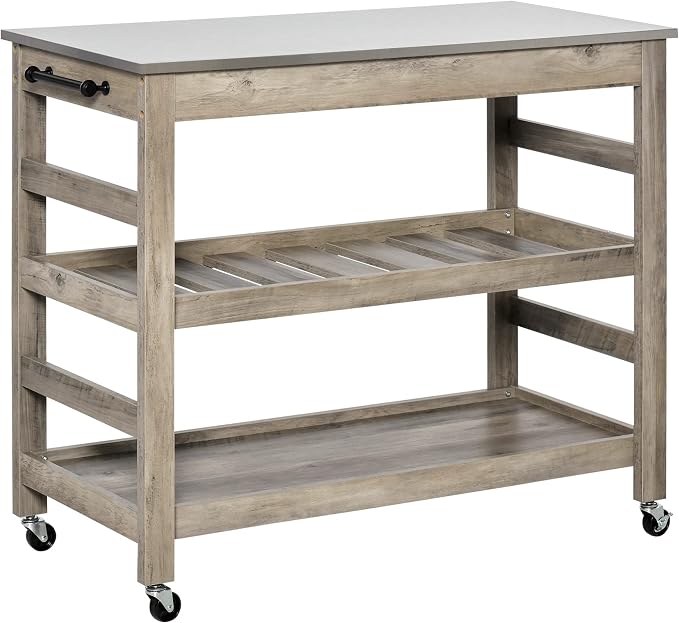 HOMCOM Rolling Kitchen Cart with Stainless Steel Countertop, Grey | Kitchen Butcher Block Cart, 1 Bottom Shelf, 1 Slotted Middle Shelf, 4 Castor Wheels
