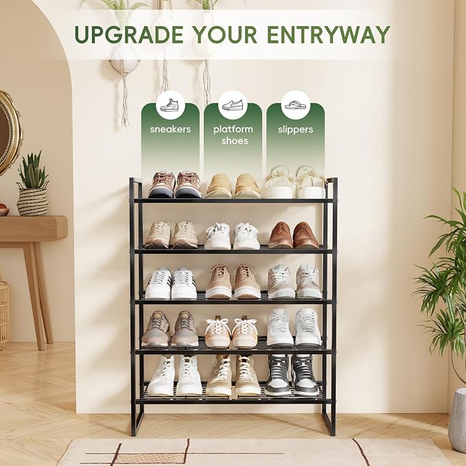 5 Tier Shoe Rack for Closet, 27 Inch Long Square Shoe Storage Organizer for Shelves, Heavy Duty Metal, Easy Assembly Stackable, Black
