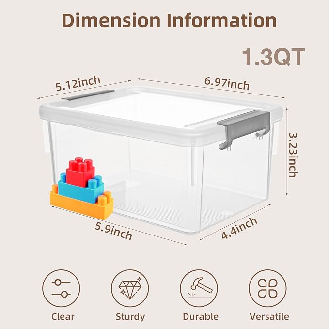8Packs 1.3Qt Small Storage Bins with Lids,Stackable Clear | Containers with Lids for Crafts, Beads, Stationery, Toys and Accessories. Stackable to Save Space to office,home