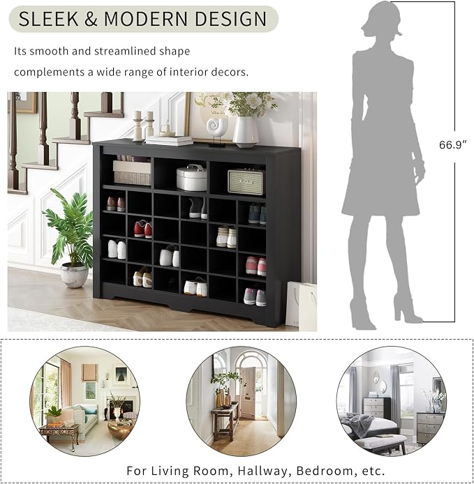 Flieks 24-Cube Organizer Shoe Storage Cabinet, Stylish Design Shoe Cabinet with Multiple Storage Capacity, Free Standing Cabinet with Curved Base for Entryway, Living Room, Hallway, Black