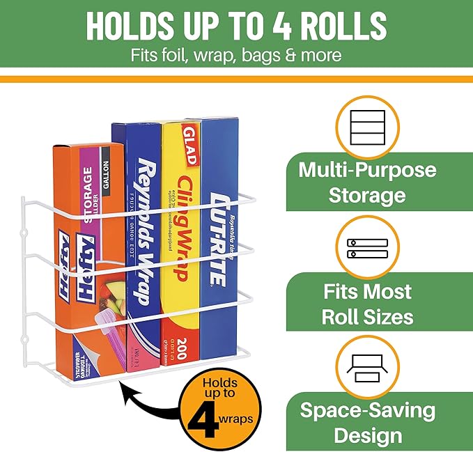 Evelots Kitchen Wrap Organizer - Hold up to 4 Plastic, Foil, Paper, Wax - Cabinet Door, Wall Rack Basket - Sandwich, Freezer, Food Bag Storage - Laundry Supplies - Plastic Coated Metal