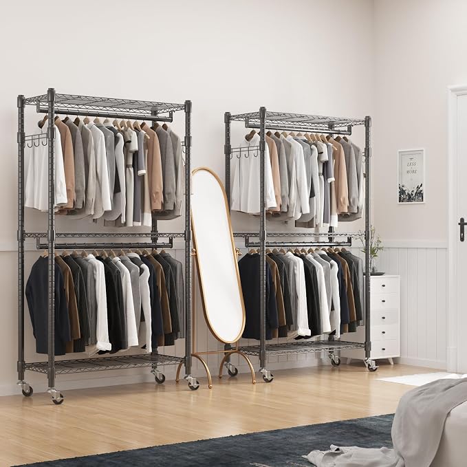 BATHWA Rolling Tall Garment Rack with 2 Rods & 3-Tier Adjustable Shelves, 35.5" W x 16.5" D x 80.7" H, Heavy Duty Clothes Hanging Racks Portable Wardrobe Closet Organizer for Bedroom, Laundry, Black